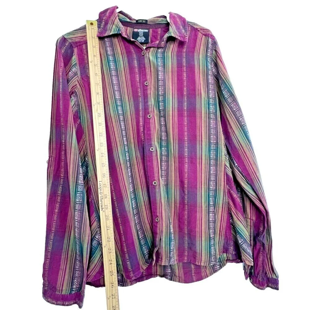 Chic print button down colored plaid casual shirt mens long sleeve outdoor Sz M.